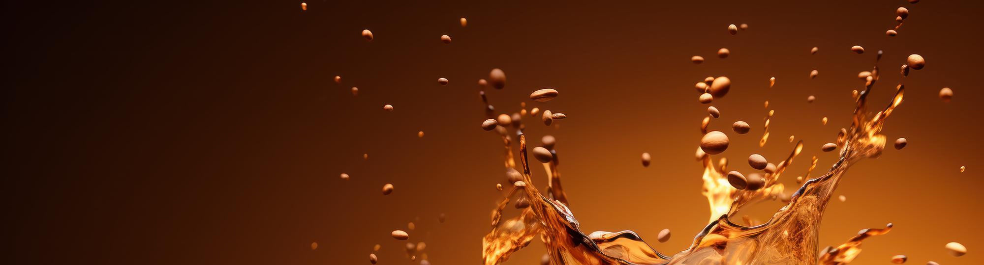 Coffee cup with splashing liquid effect against a brown background